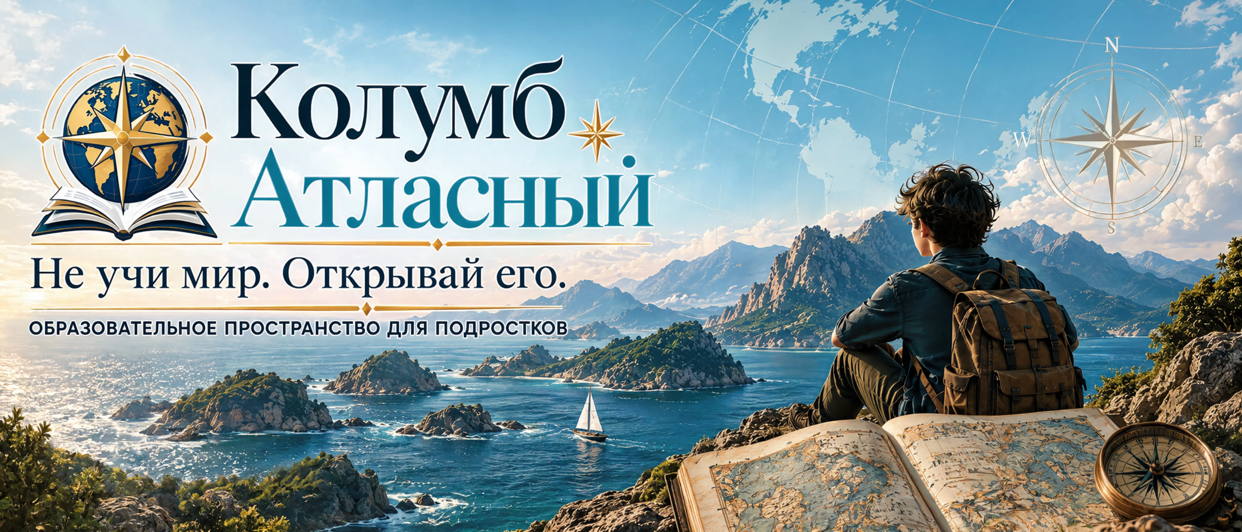 Баннер образовательного пространства «Колумб Атласный» с морским пейзажем, картой, компасом и слоганом «Не учи мир. Открывай его.»